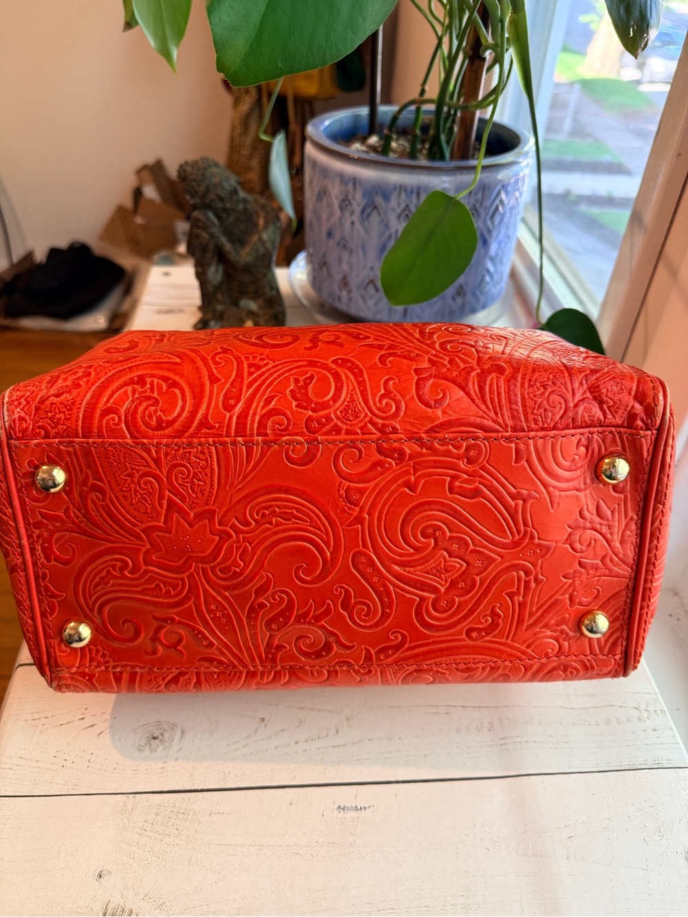 Etro Burnt Orange Paisley Embossed Leather Satchel Boston Bag - Picture 8 of 15